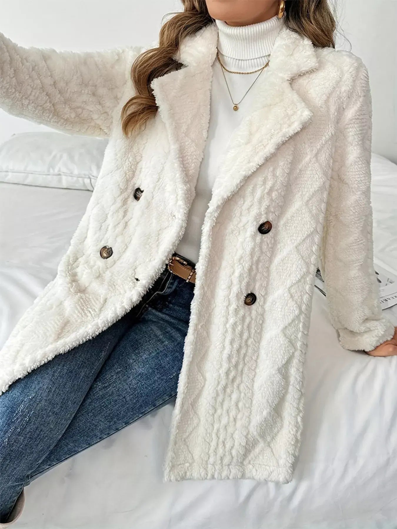 Fleece Double-Breasted Longline Coat - Trendsi - Flyclothing LLC