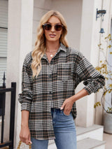 Pocketed Plaid Collared Neck Long Sleeve Shirt - Trendsi - Flyclothing LLC