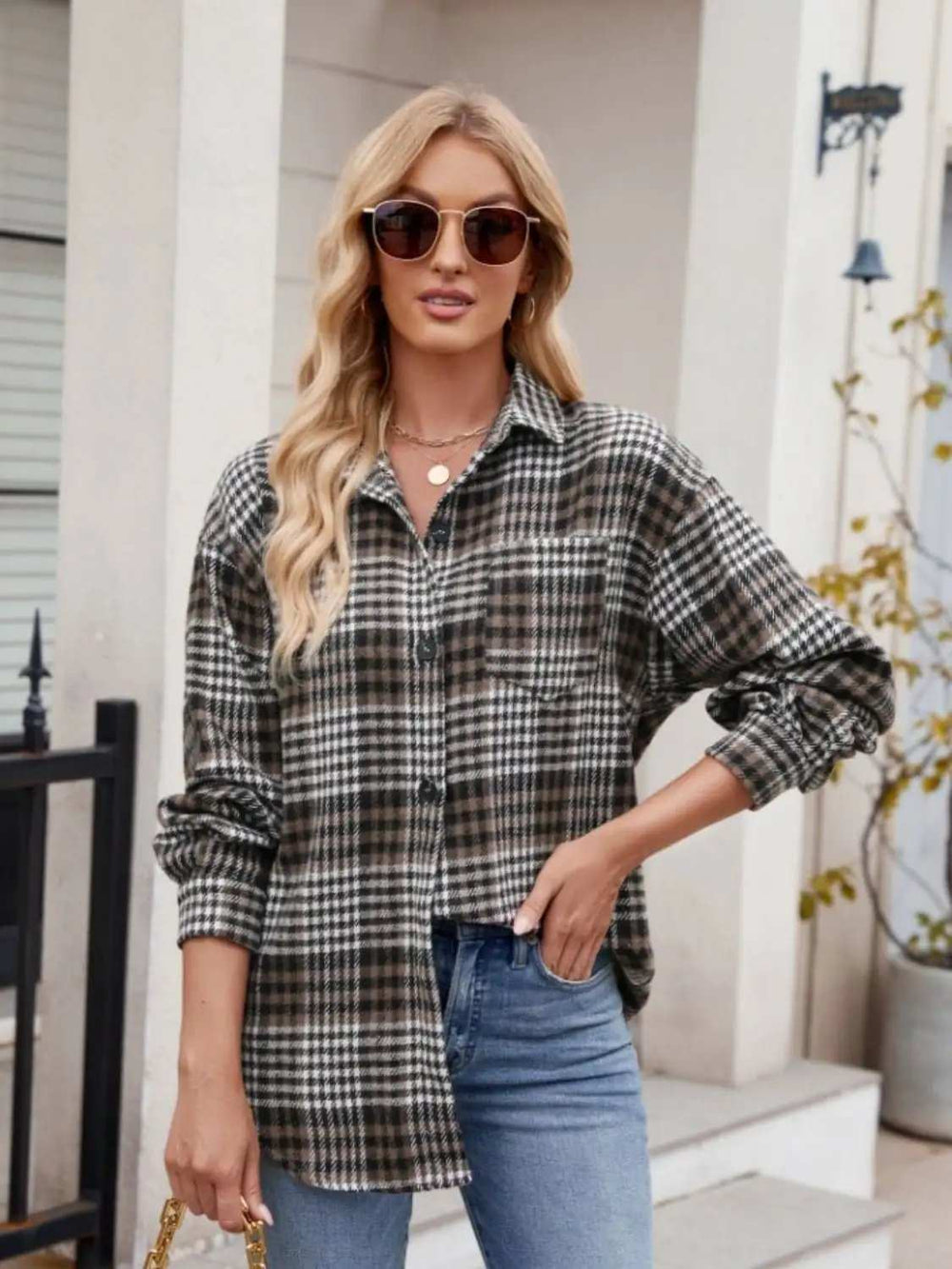 Pocketed Plaid Collared Neck Long Sleeve Shirt - Trendsi - Flyclothing LLC