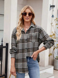 Pocketed Plaid Collared Neck Long Sleeve Shirt - Trendsi - Flyclothing LLC