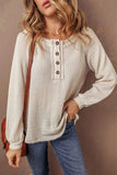 Waffle-Knit Half Button Round Neck Long Sleeve Top - Trendsi - Flyclothing LLC