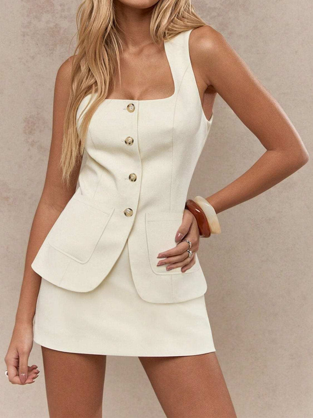 Button Down Sleeveless Top and Skirt Set - Trendsi - Flyclothing LLC