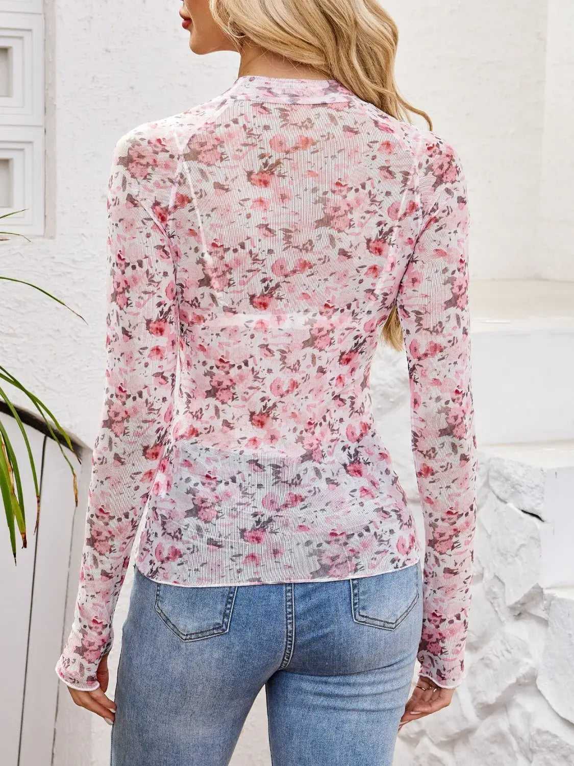 Floral Mock Neck Long Sleeve Top - Trendsi - Flyclothing LLC