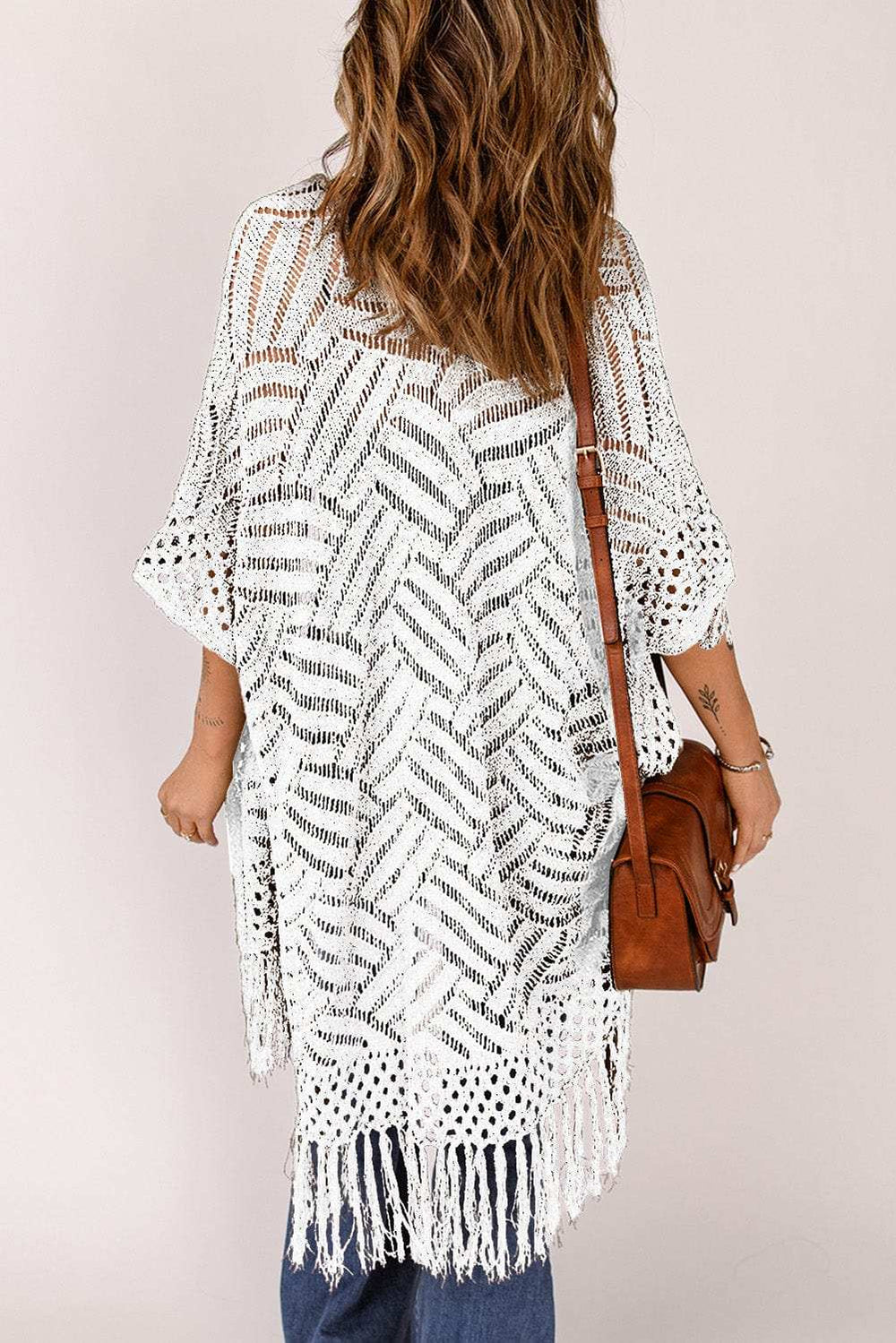 Openwork Open Front Cardigan with Fringes - Trendsi - Flyclothing LLC