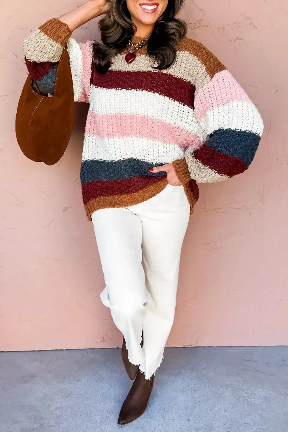 Striped Knit Dropped Shoulder Round Neck Sweater - Trendsi - Flyclothing LLC