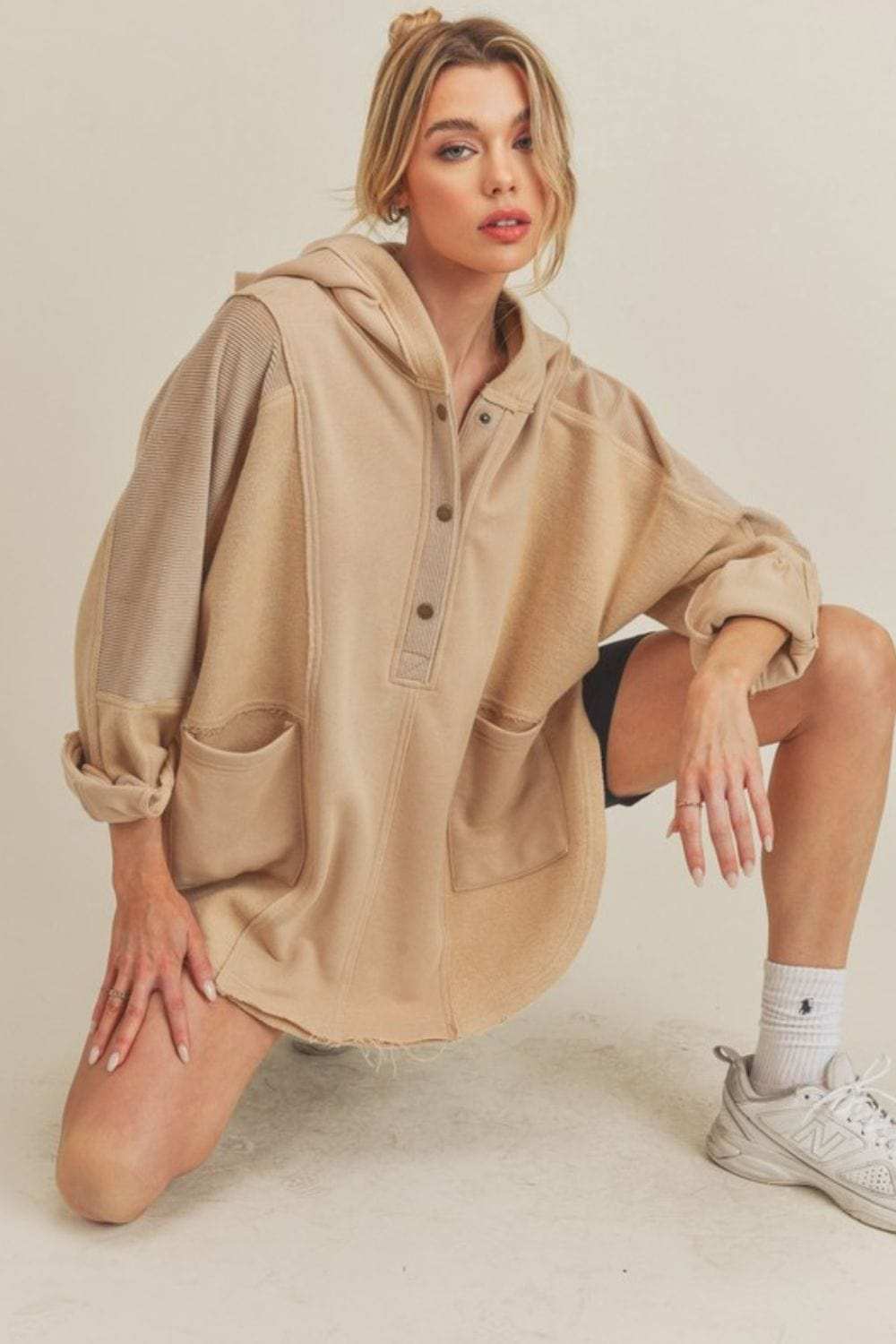 Aemi+Co Slit Half Snap Oversize Hoodie - Trendsi - Flyclothing LLC