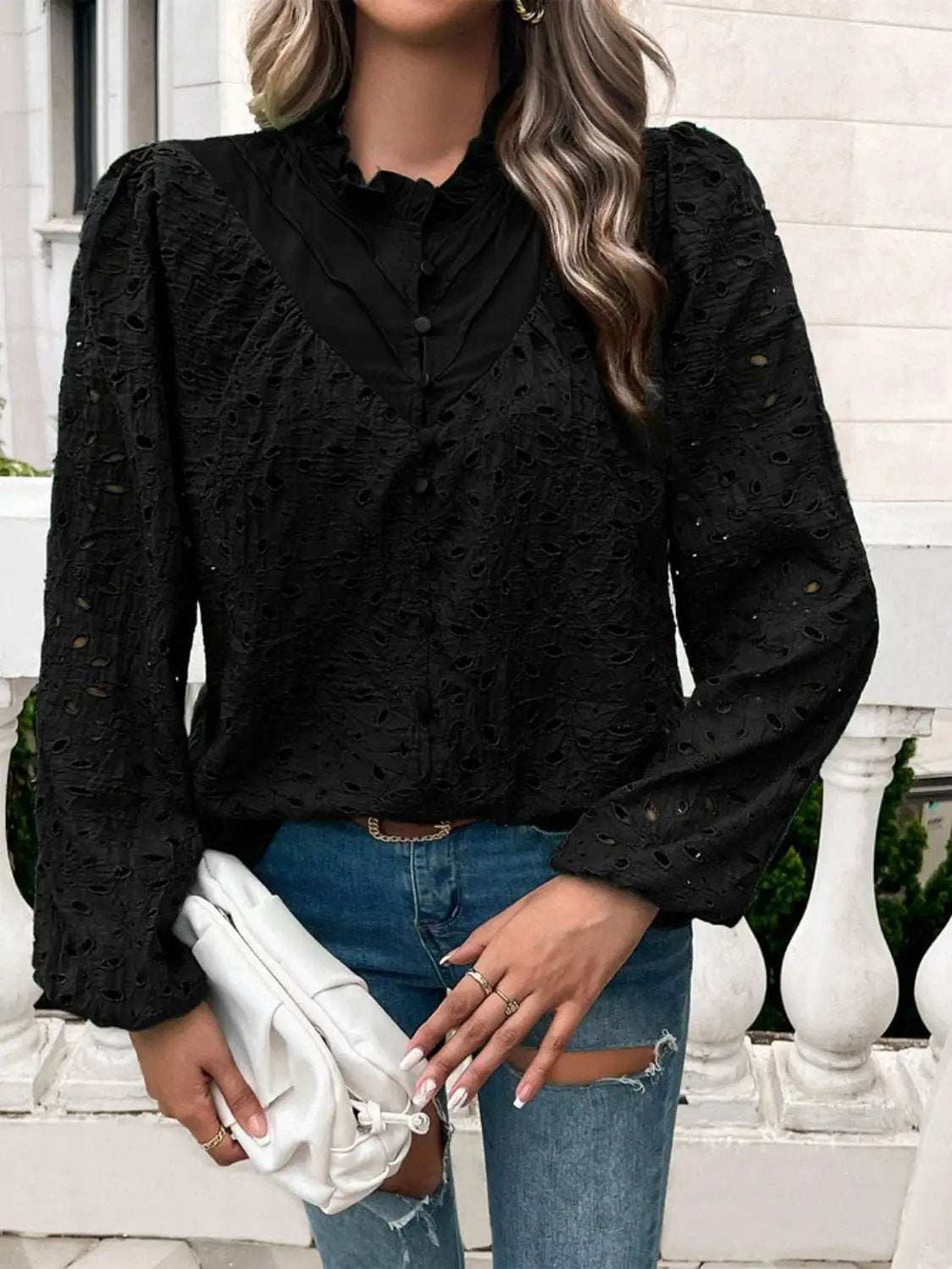 Frill Round Neck Long Sleeve Shirt - Trendsi - Flyclothing LLC