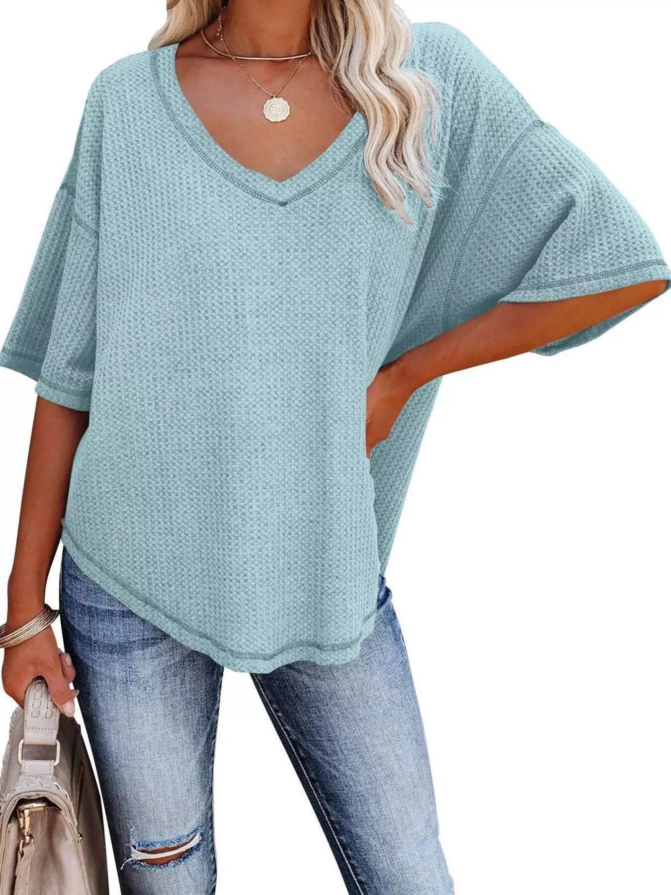 Waffle Knit V-Neck Short Sleeve T-Shirt - Trendsi - Flyclothing LLC