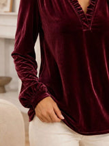 V-Neck Ruffle Trim Velvet Blouse - Trendsi - Flyclothing LLC