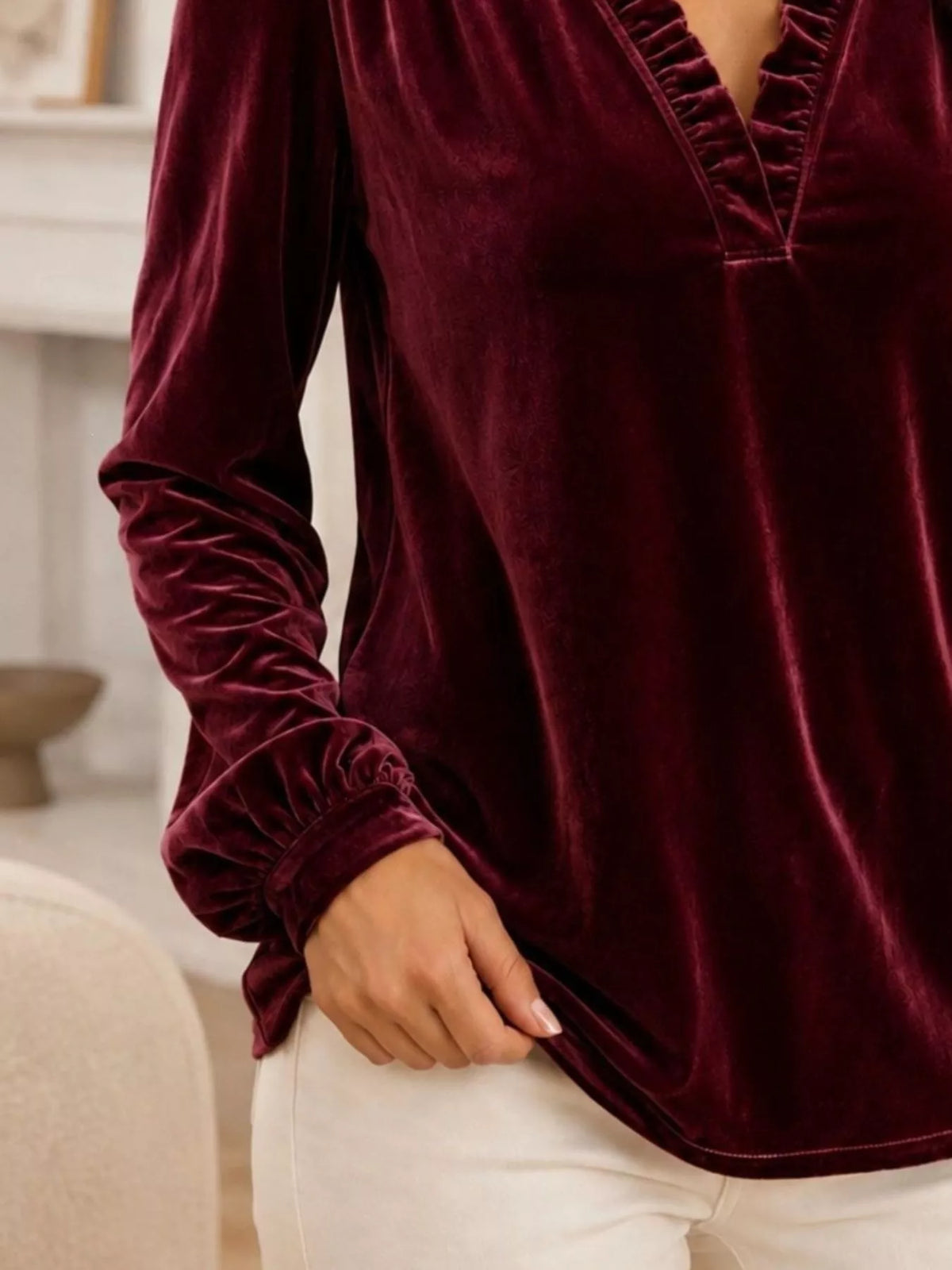 V-Neck Ruffle Trim Velvet Blouse - Trendsi - Flyclothing LLC