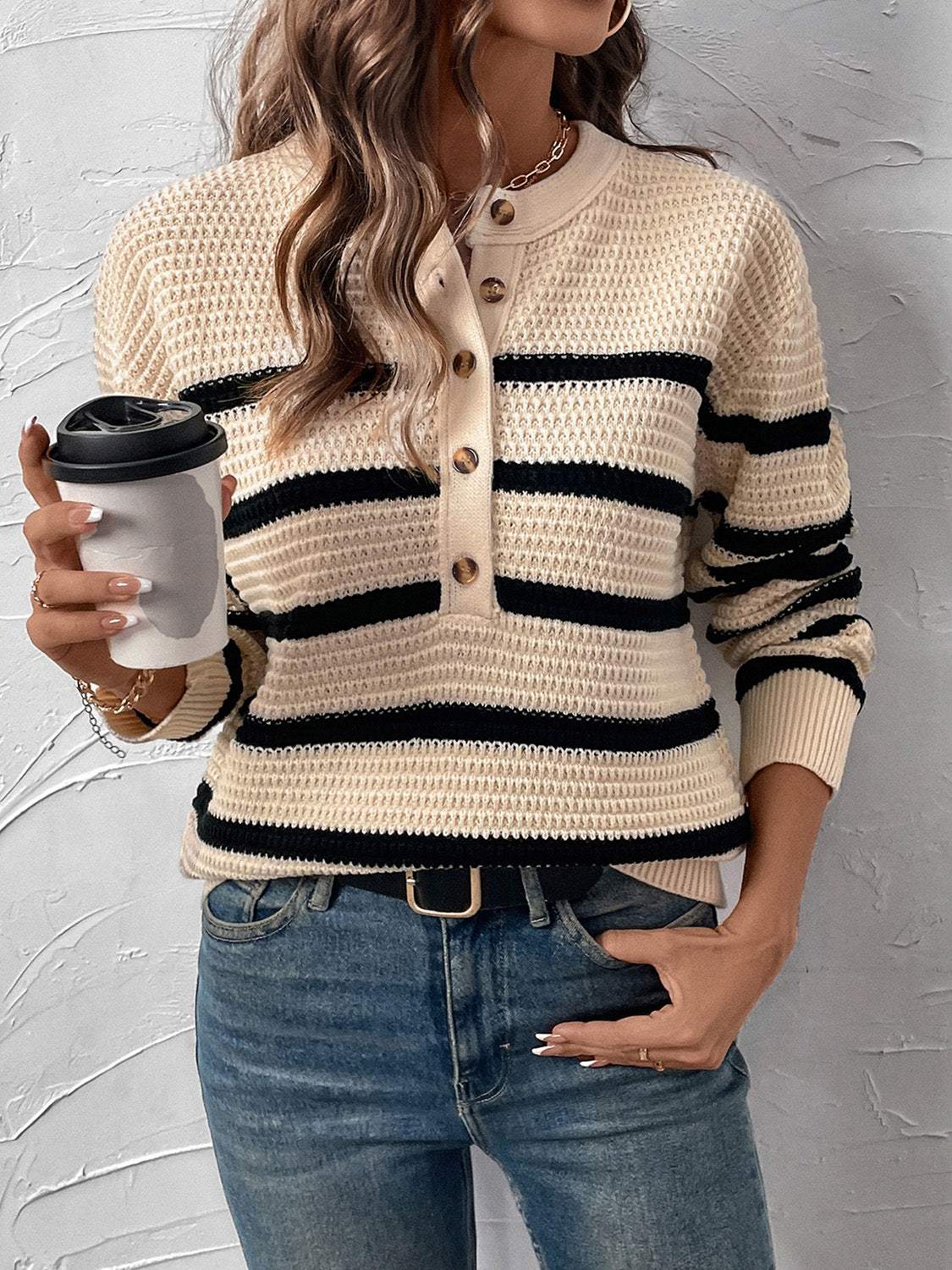 Perfee Striped Half Button Long Sleeve Sweater - Trendsi - Flyclothing LLC