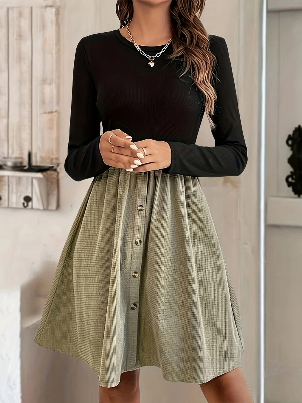 Contrast Round Neck Long Sleeve Dress - Trendsi
