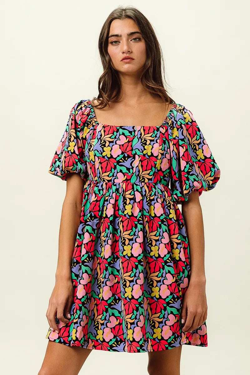 BiBi Floral Print Puff Square Neck Dress - Trendsi - Flyclothing LLC