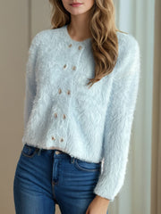 Heart Button Round Neck Cardigan - Trendsi