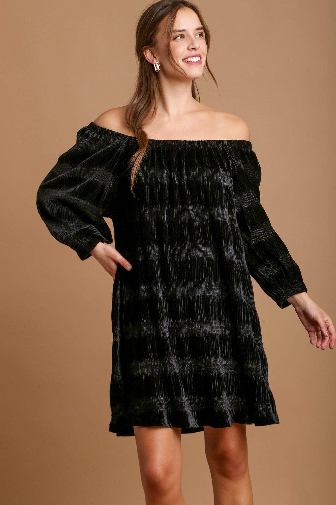 Umgee Off-Shoulder Balloon Sleeve Velvet Mini Dress - Trendsi - Flyclothing LLC