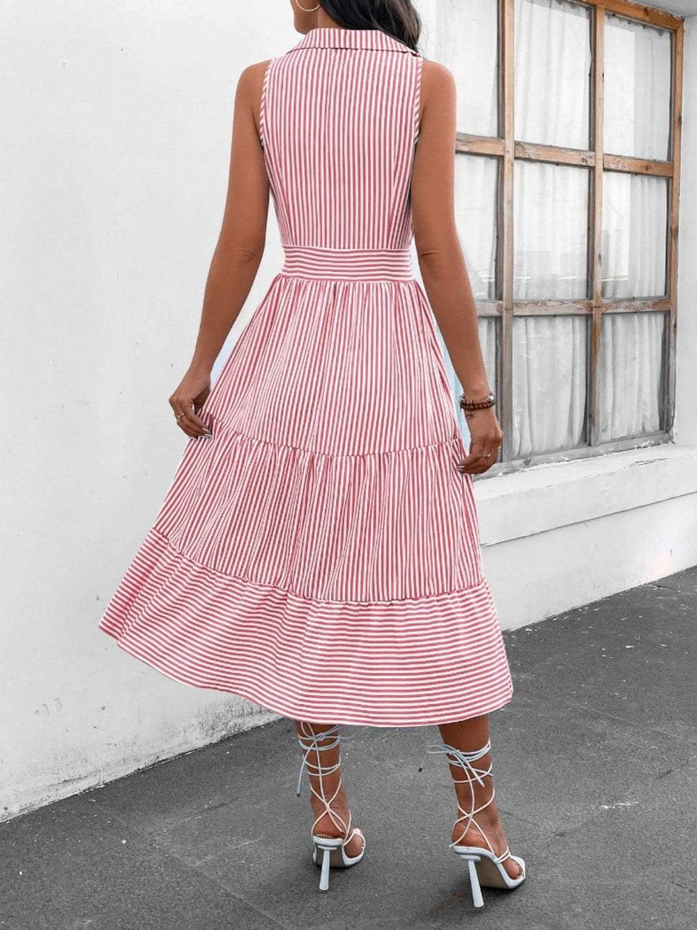 Striped Johnny Collar Sleeveless Midi Dress - Trendsi - Flyclothing LLC