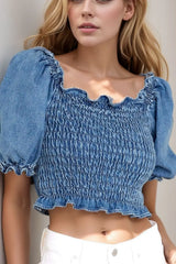 Puff Sleeve Smocked Cropped Denim Top - Trendsi - Flyclothing LLC