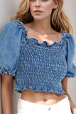 Puff Sleeve Smocked Cropped Denim Top - Trendsi