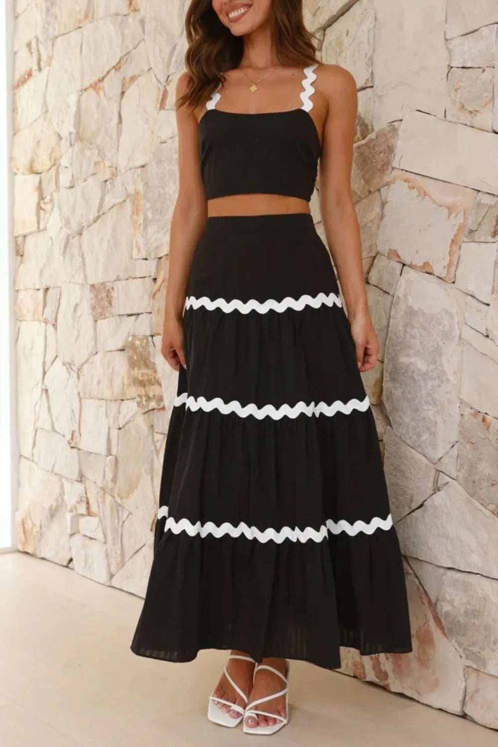 Contrast Trim Cami and Maxi Skirt Set - Trendsi - Flyclothing LLC