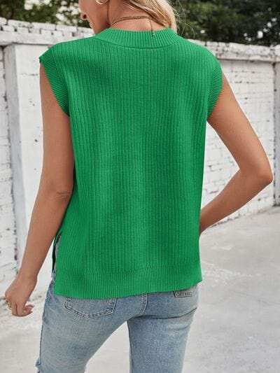 Lovelet Ribbed V-Neck Slit Sweater Vest - Trendsi - Flyclothing LLC