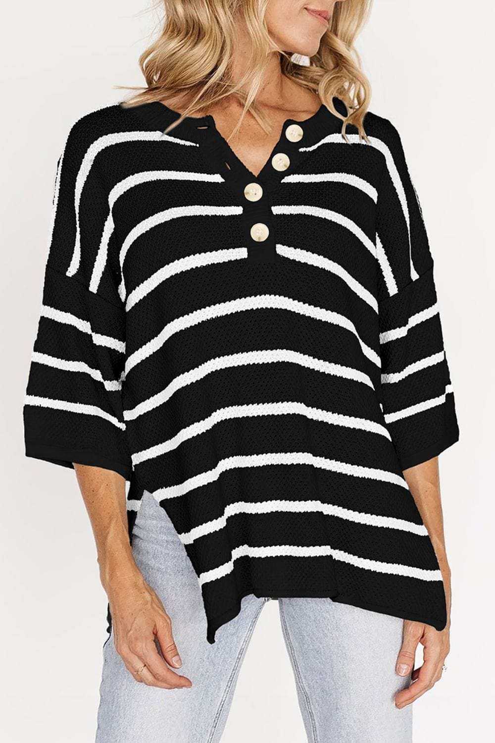 Stripe Drop Shoulder Side Slit Knit Top - Trendsi - Flyclothing LLC
