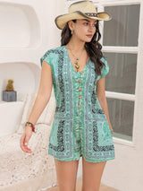 Printed V-Neck Cap Sleeve Romper - Trendsi - Flyclothing LLC