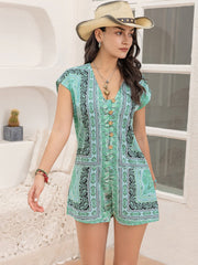 Printed V-Neck Cap Sleeve Romper - Trendsi