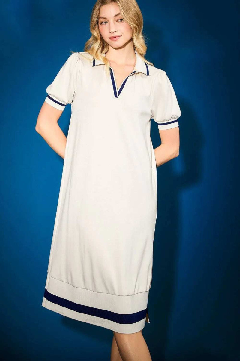 Umgee Side Slit Contrast Trim Short Sleeve Dress - Trendsi