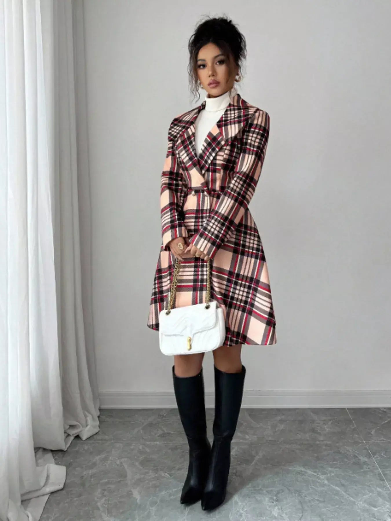 Plaid Button Up Long Sleeve Coat - Trendsi - Flyclothing LLC