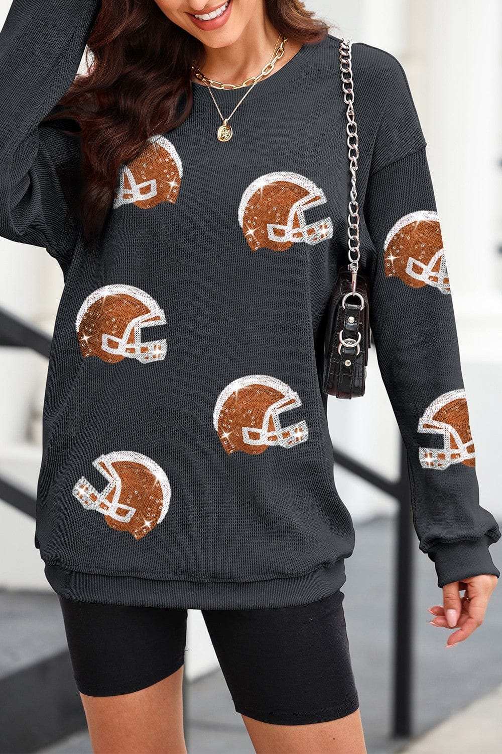 Sequin Helmet Round Neck Long Sleeve Sweatshirt - Trendsi - Flyclothing LLC