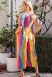 ODDI Full Size Striped Puff Sleeve Wide Leg Jumpsuit - Trendsi