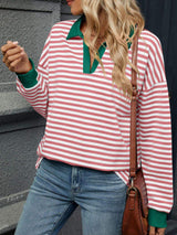 Striped Johnny Collar Long Sleeve Sweatshirt - Trendsi - Flyclothing LLC