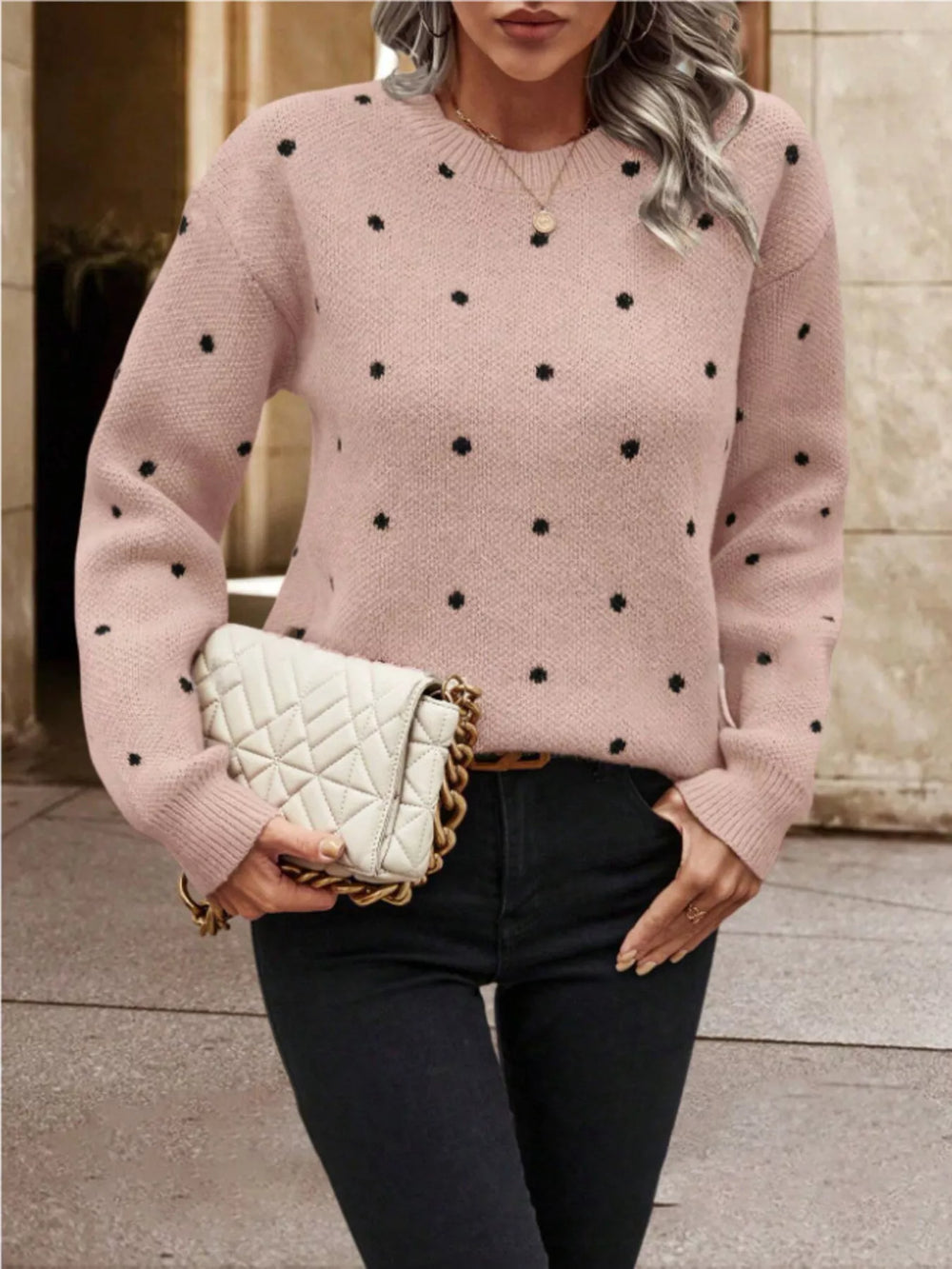 Polka Dot Long Sleeve Sweater - Trendsi - Flyclothing LLC