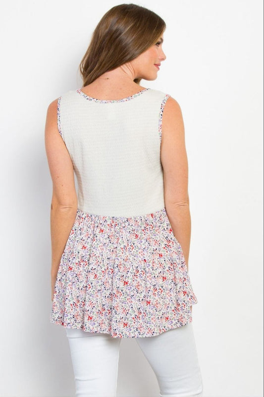 Be Stage Full Size Smocked Printed Peplum Sleeveless Top - Trendsi