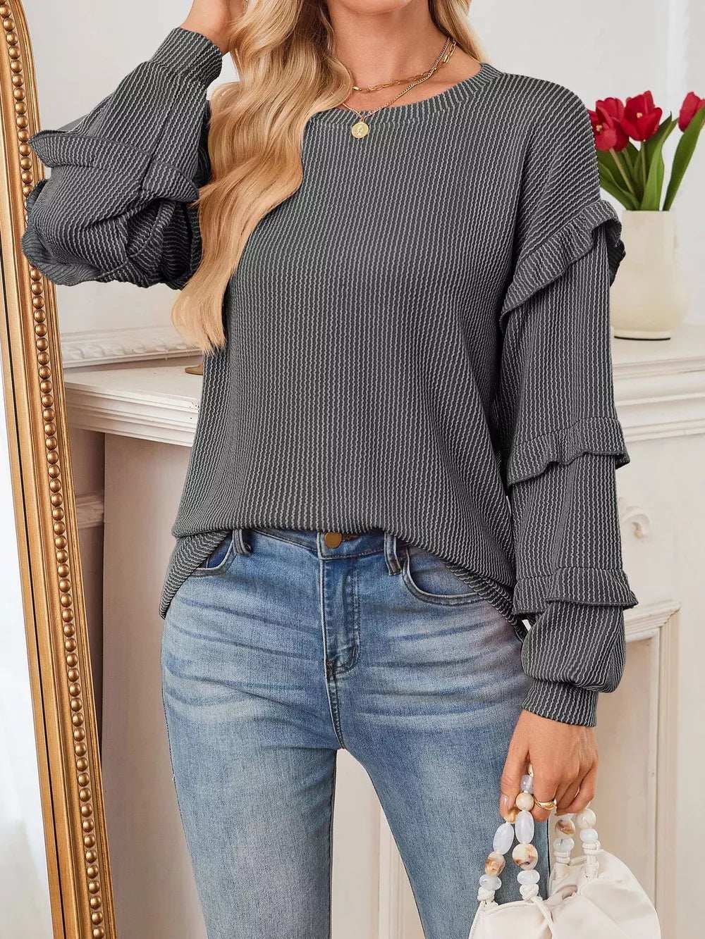 Round Neck Ruffled Long Sleeve Sweatshirt - Trendsi - Flyclothing LLC