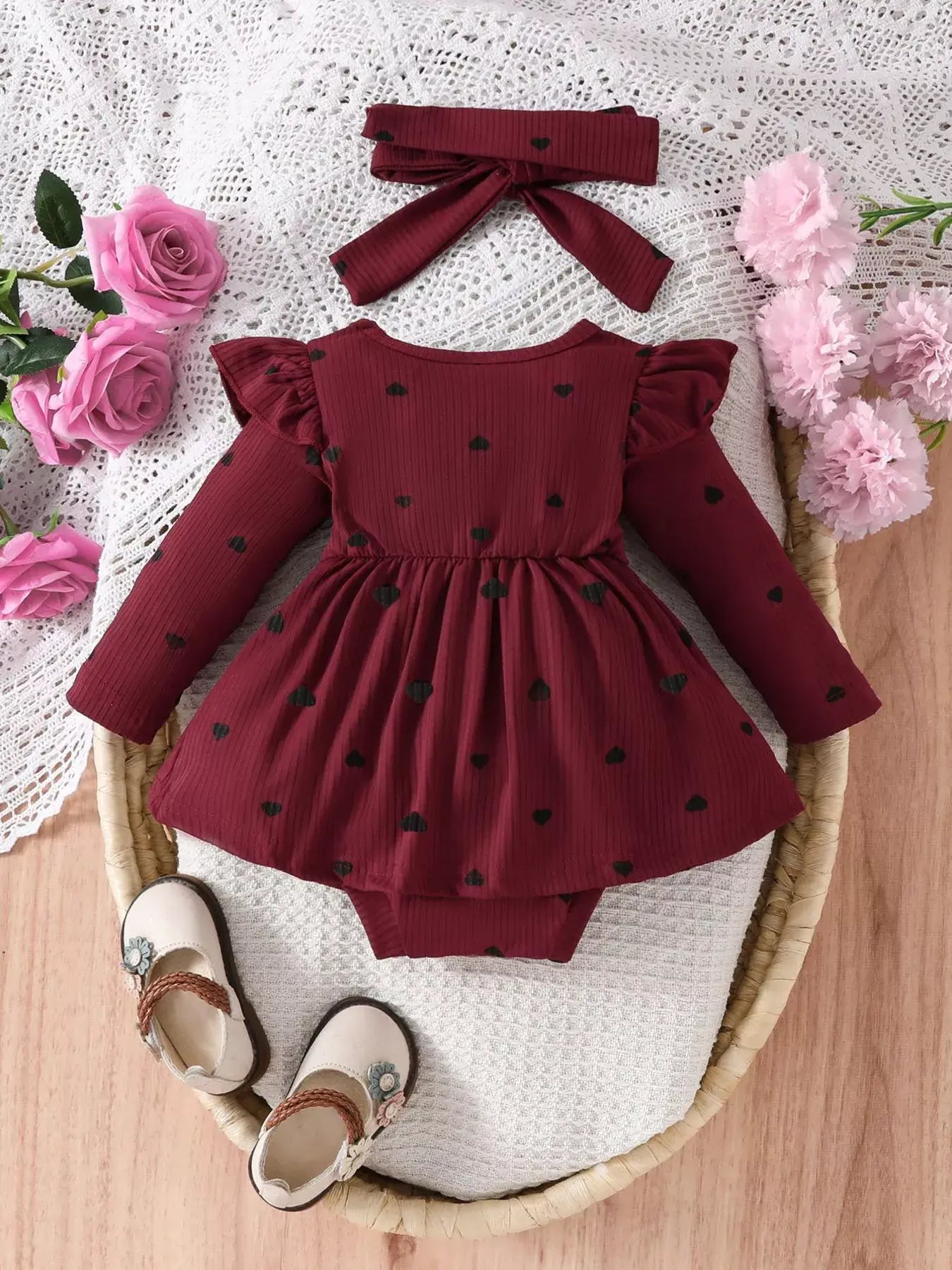 Children's Heart Print Ruffle Trim Bodysuit Dress with Headband - Trendsi - Flyclothing LLC