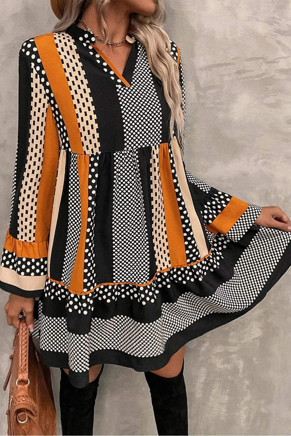 Printed Notched Long Sleeve Mini Dress - Trendsi - Flyclothing LLC