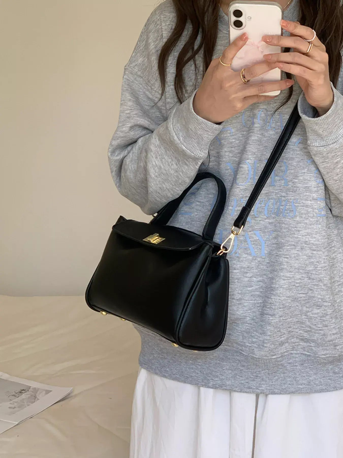 Golden Clasp Leather Crossbody Bag - Trendsi - Flyclothing LLC
