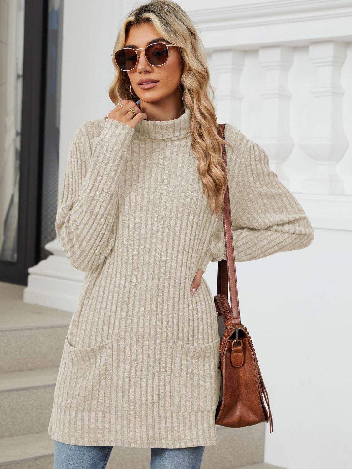 Ribbed Mock Neck Long Sleeve T-Shirt - Trendsi - Flyclothing LLC