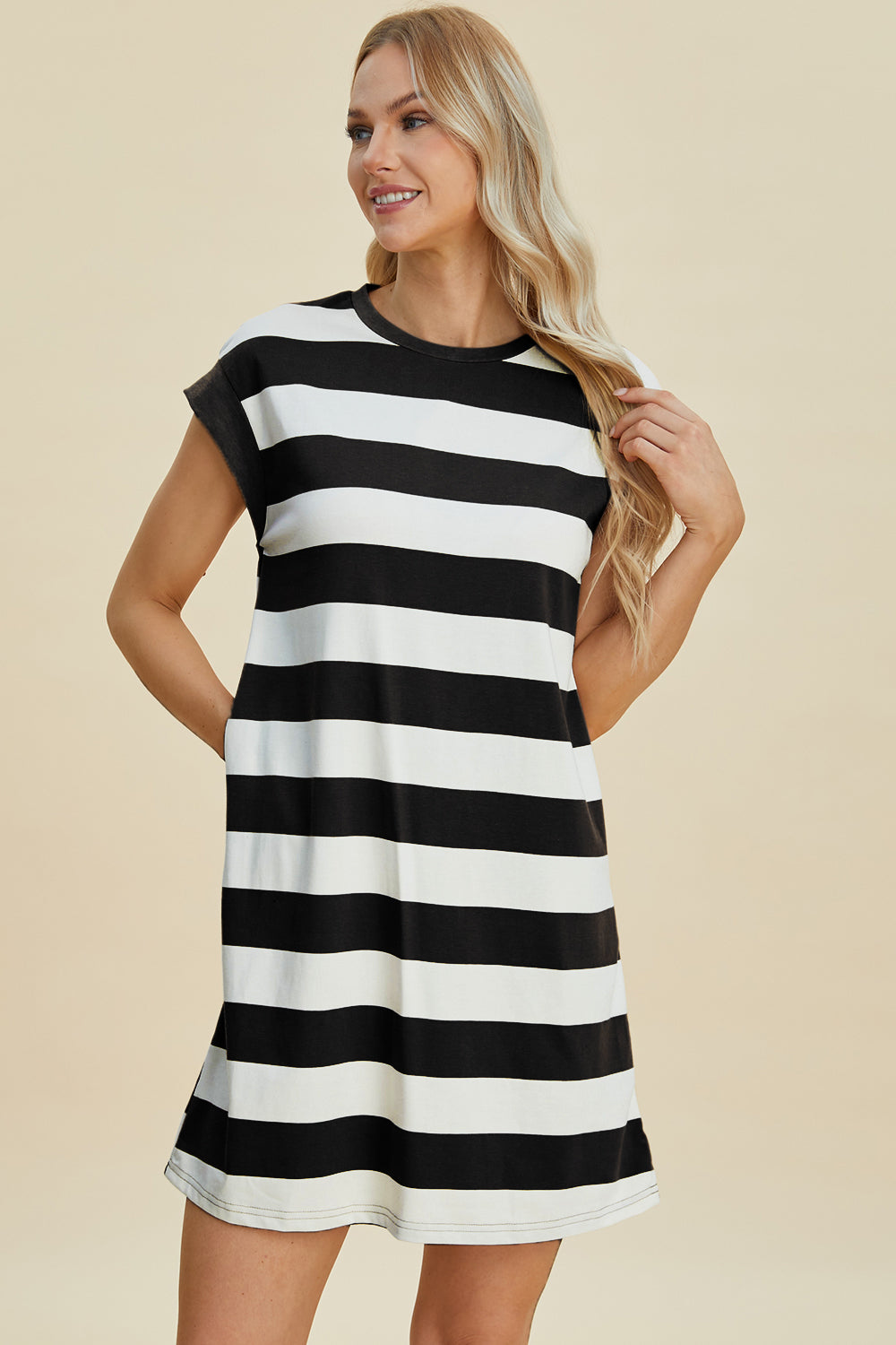 Basic Bae Full Size Striped Round Neck Cap Sleeve Mini Dress - ShopBasicbae - Flyclothing LLC