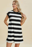 Basic Bae Full Size Striped Round Neck Cap Sleeve Mini Dress - Trendsi - Flyclothing LLC
