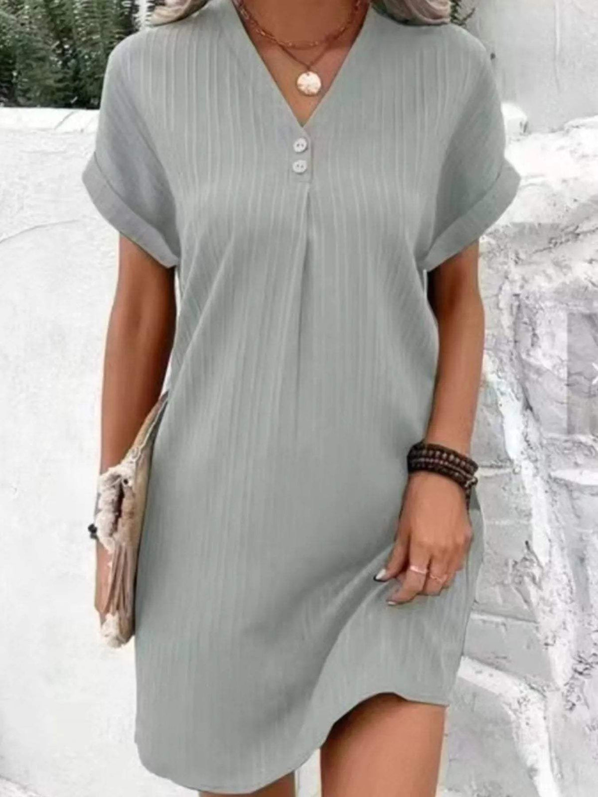 Full Size Casual V-Neck Short Sleeve Dress Plus Size - Trendsi - Flyclothing LLC
