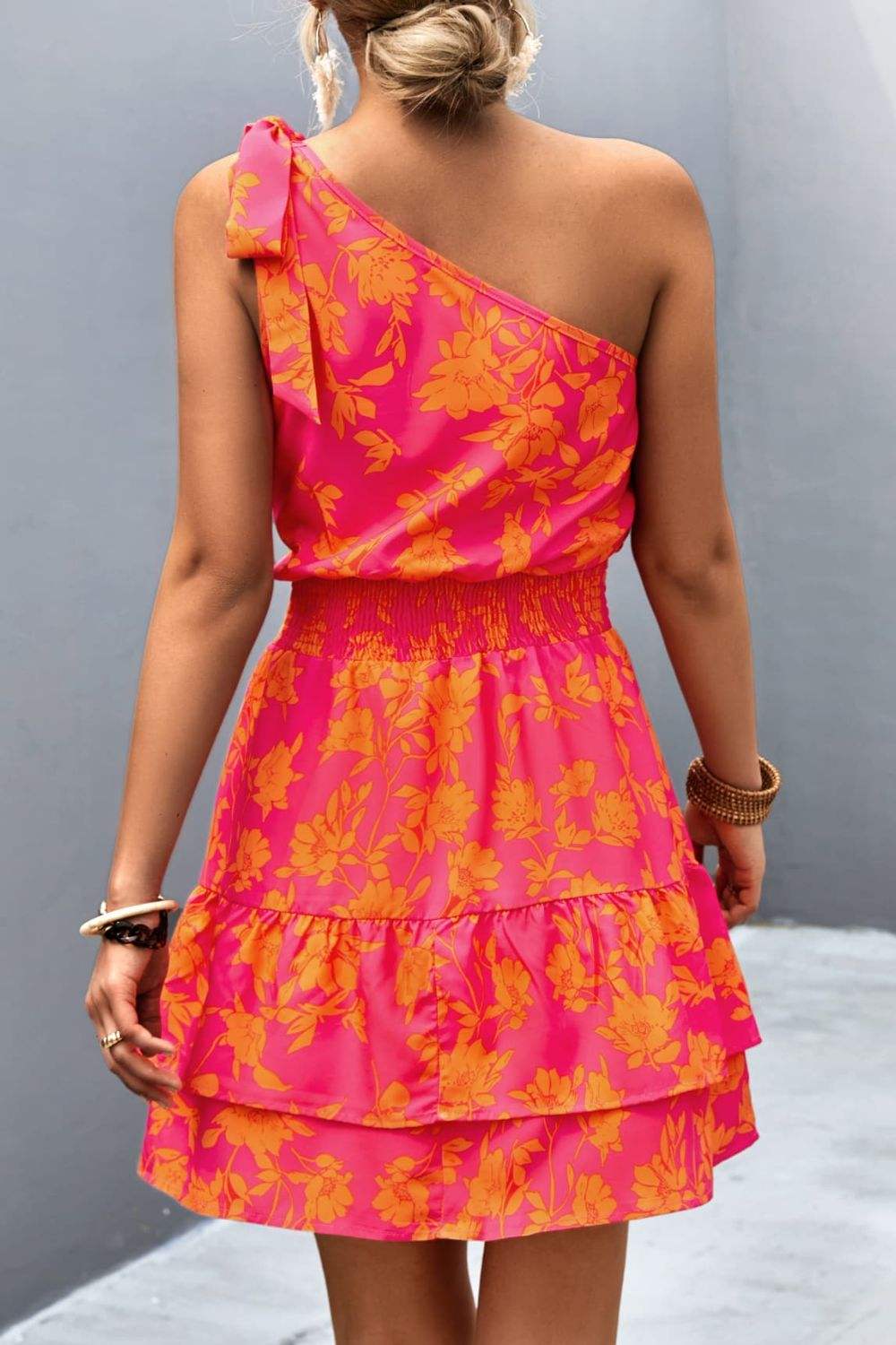 Tied Smocked Printed Single Shoulder Dress - Trendsi - Flyclothing LLC