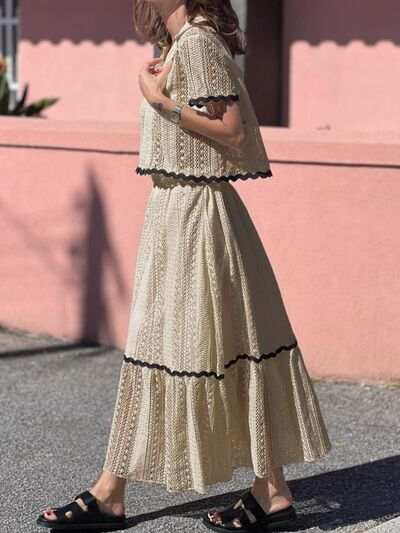 Contrast Trim Openwork Short Sleeve Top and Skirt Set - Trendsi - Flyclothing LLC