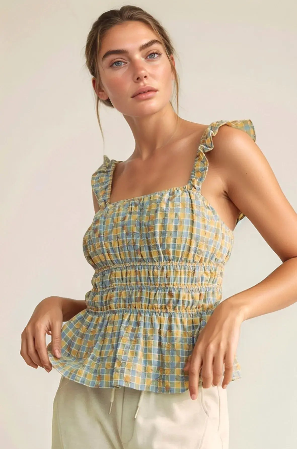 Davi & Dani Plaid Ruffled Strap Smocked Sleeveless Top - Trendsi - Flyclothing LLC