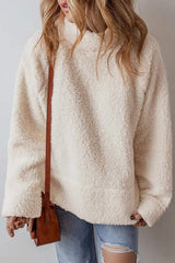 Turtleneck Long Sleeve Slit Fleece Sweatshirt - Trendsi - Flyclothing LLC