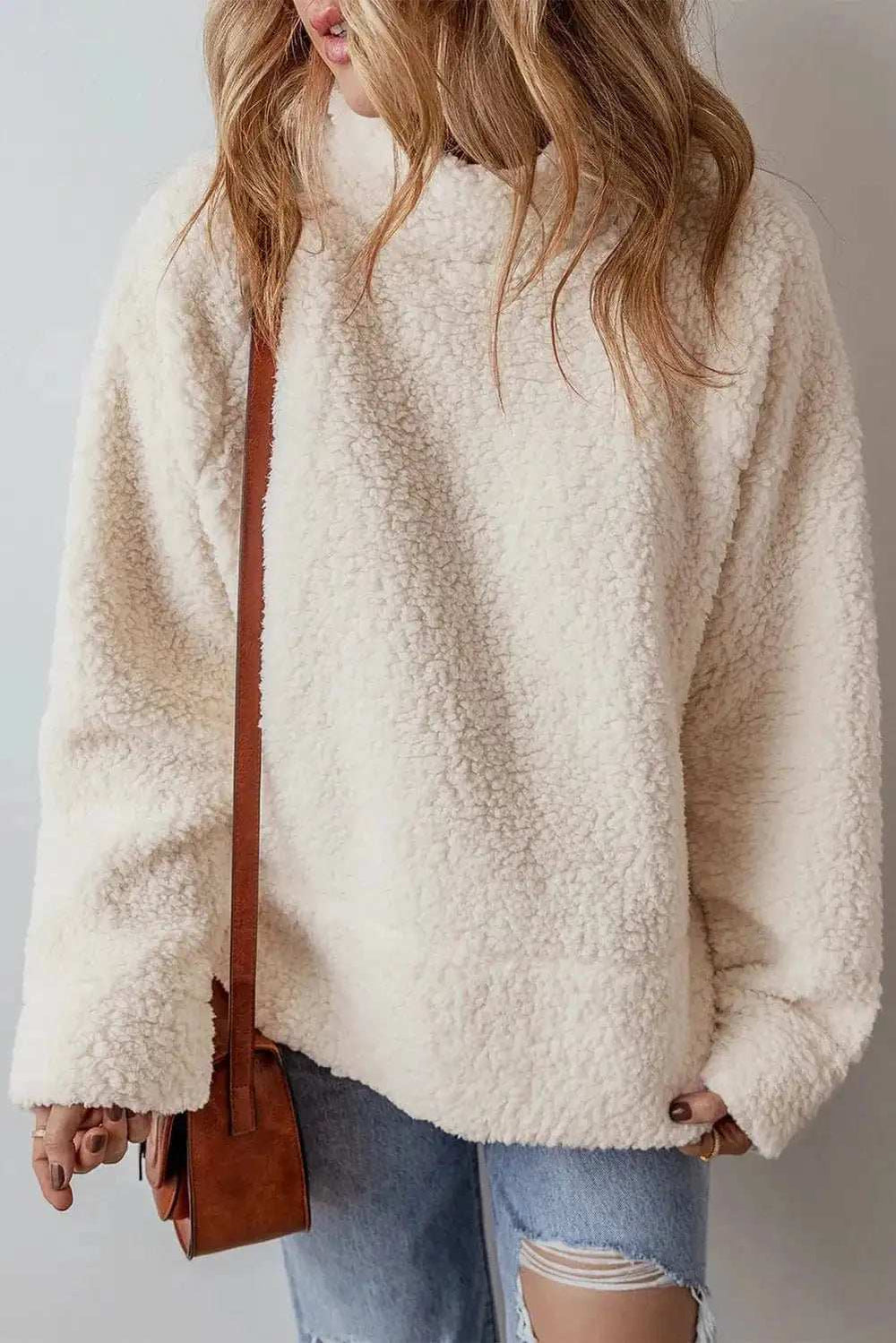 Turtleneck Long Sleeve Slit Fleece Sweatshirt - Trendsi - Flyclothing LLC