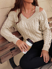 Honey Cable-Knit V-Neck Cold Shoulder Sweater - Trendsi