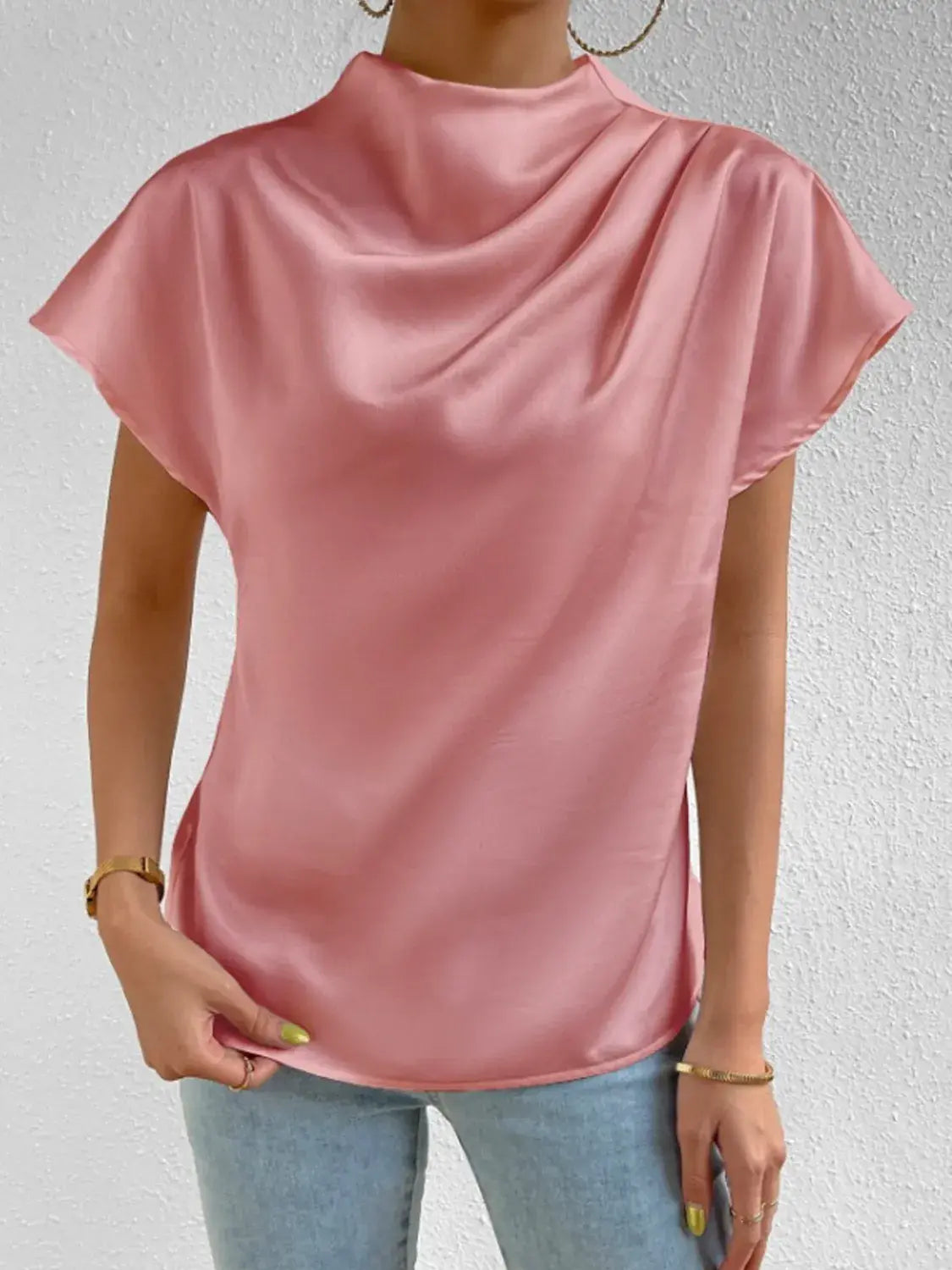 Mock Neck Short Sleeve Blouse - Trendsi - Flyclothing LLC