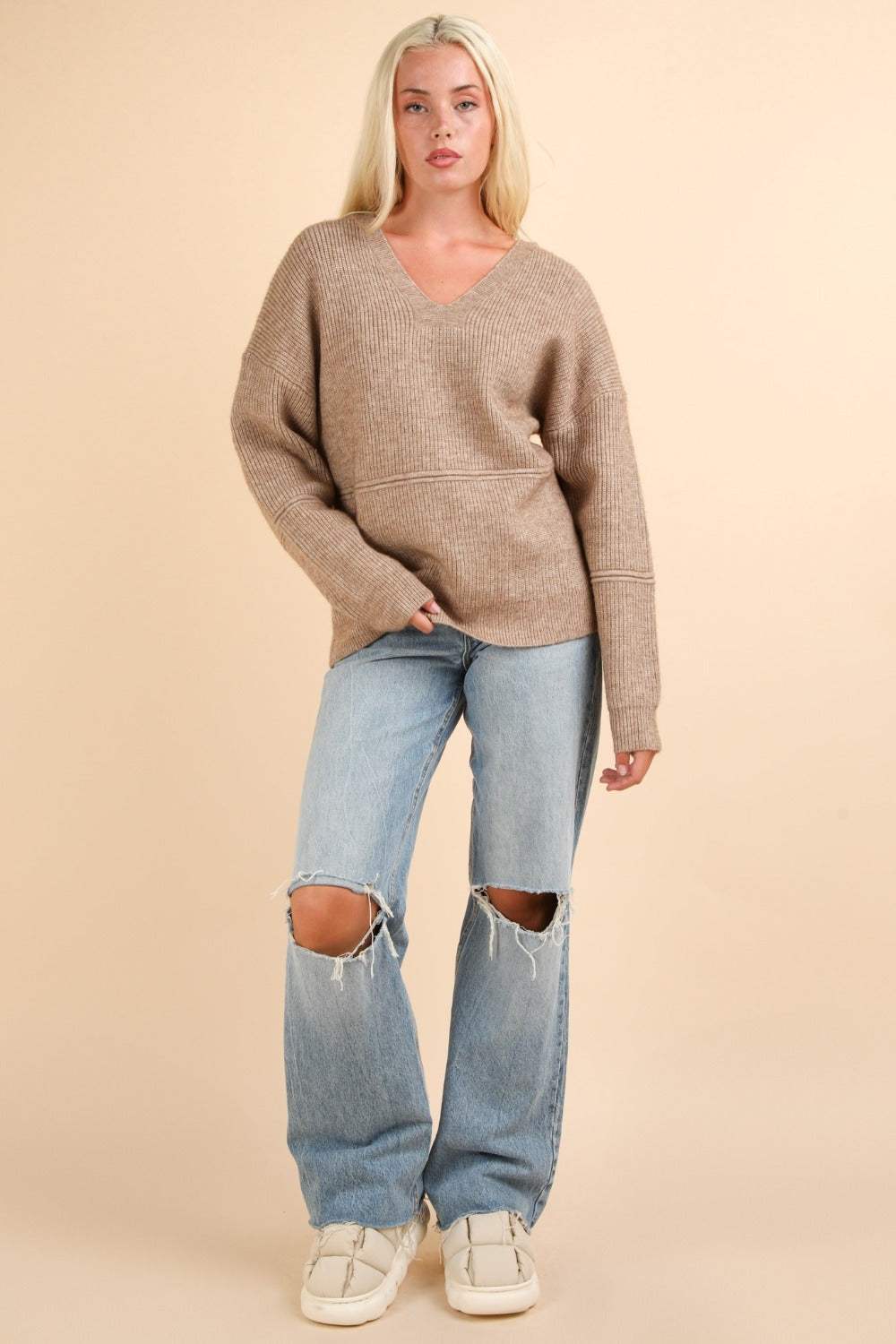 VERY J Seam Detail Drop Shoulder Hooded Sweater - Trendsi - Flyclothing LLC